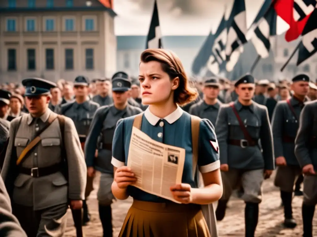 Una joven, Sophie Scholl, desafiante en la plaza llena de banderas nazis