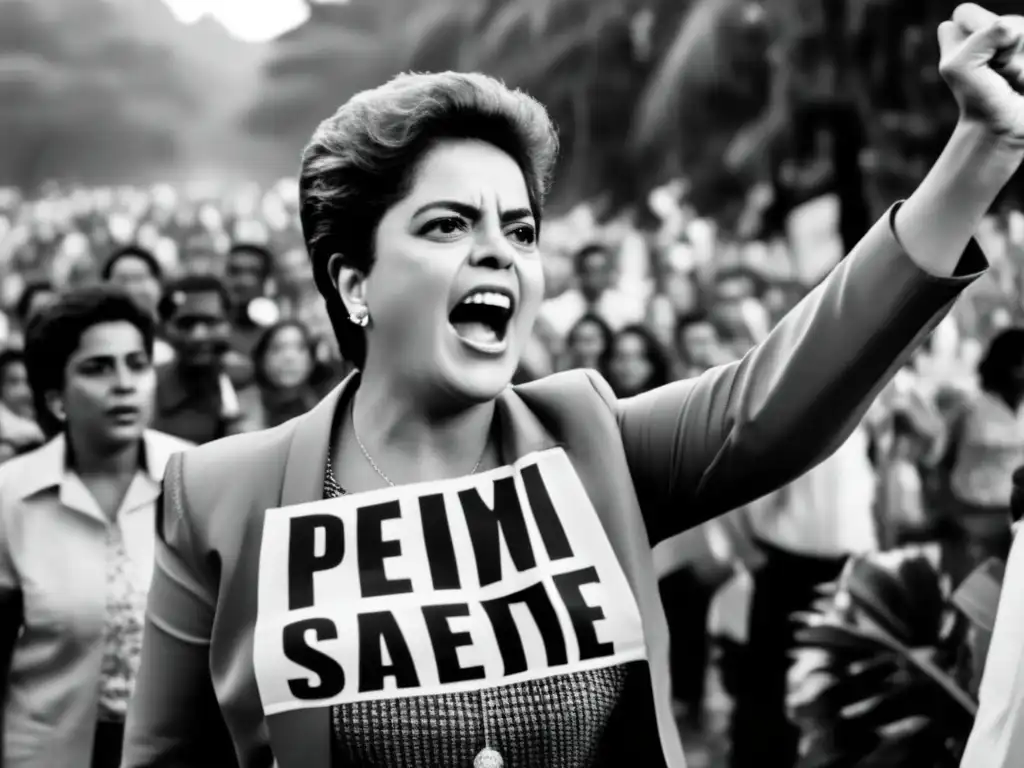 Una joven Dilma Rousseff de pie frente a un grupo de personas, rodeada de árboles y sosteniendo un megáfono
