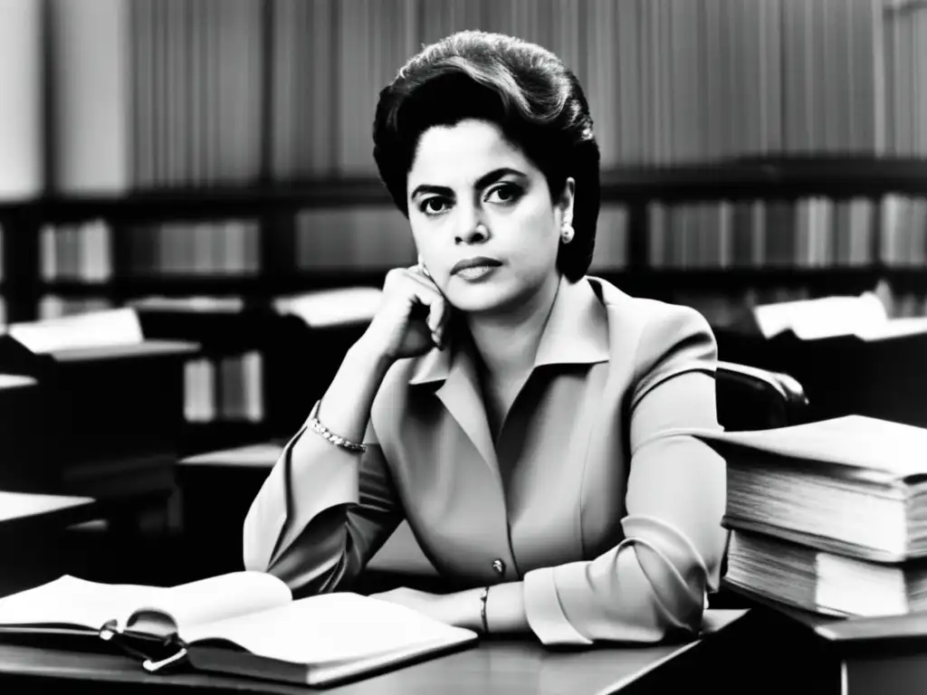 Una joven Dilma Rousseff reflexiona en un aula, rodeada de libros y papeles