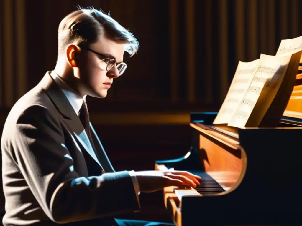 Un joven Dmitri Shostakóvich se sienta frente a un imponente piano, concentrado en la partitura