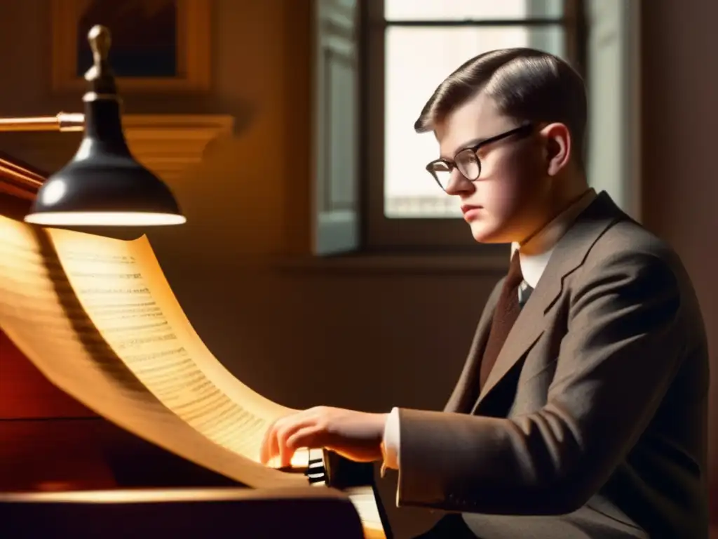 Un joven Dmitri Shostakovich componiendo música soviética en su piano, rodeado de partituras y sumido en sus pensamientos