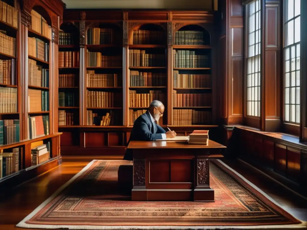 Un joven Irving Fisher estudia economía en una biblioteca llena de libros, bañada por luz natural