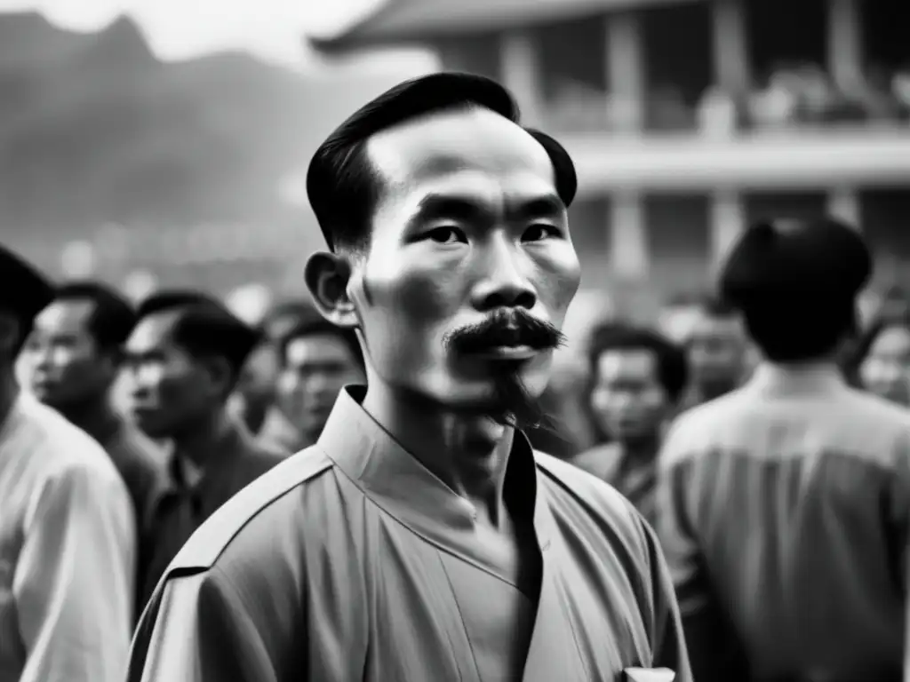 Ho Chi Minh líder revolucionario Vietnam de joven, con determinación y energía revolucionaria, entre la multitud y la bandera vietnamita ondeando