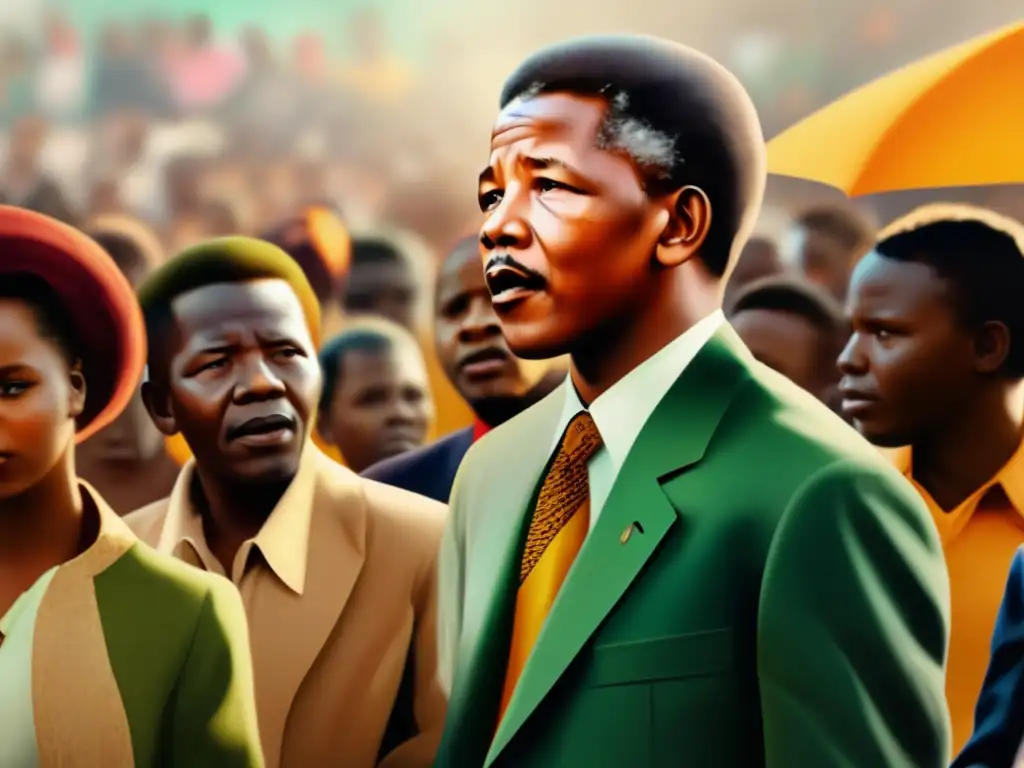 Un joven Nelson Mandela enérgico y determinado, dirigiéndose a una multitud con pasión