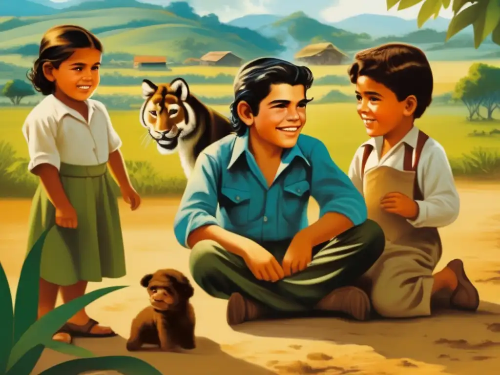 Un joven Ernesto Che Guevara juega con niños en un entorno rural, evocando su niñez
