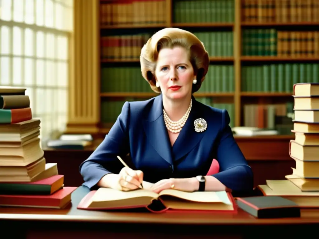 Una joven Margaret Thatcher se sienta en su escritorio rodeada de libros y papeles, con una expresión determinada en su rostro mientras se prepara para su carrera política