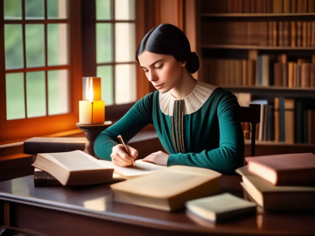 Una joven Emily Dickinson reflexiona en su escritorio, rodeada de libros y papeles, mientras escribe poesía