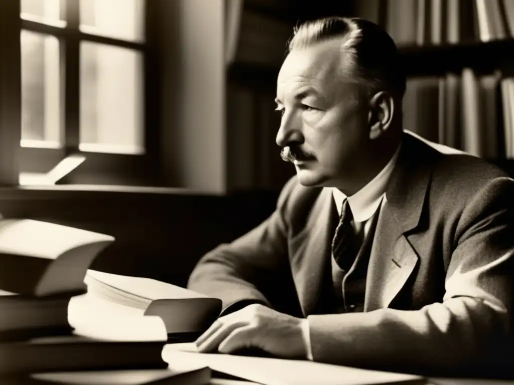 Un joven Martin Heidegger reflexiona profundamente en su escritorio, rodeado de libros y papeles