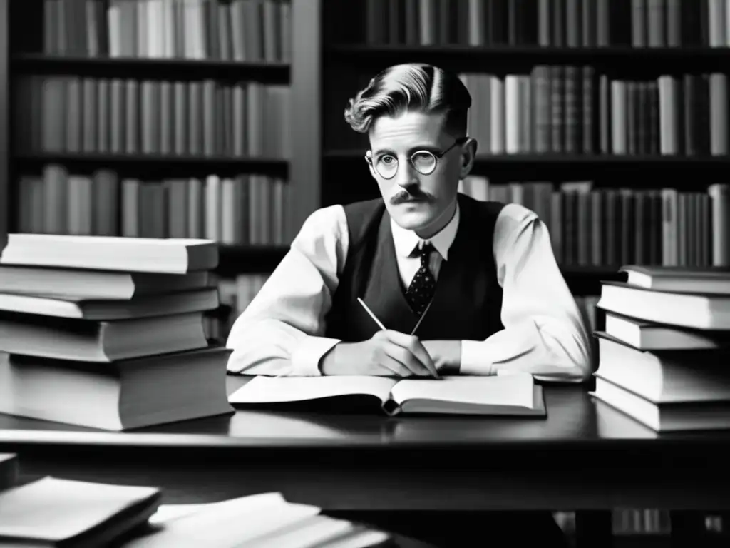 Un joven James Joyce se sienta en su escritorio, rodeado de libros y papeles, concentrado en su escritura