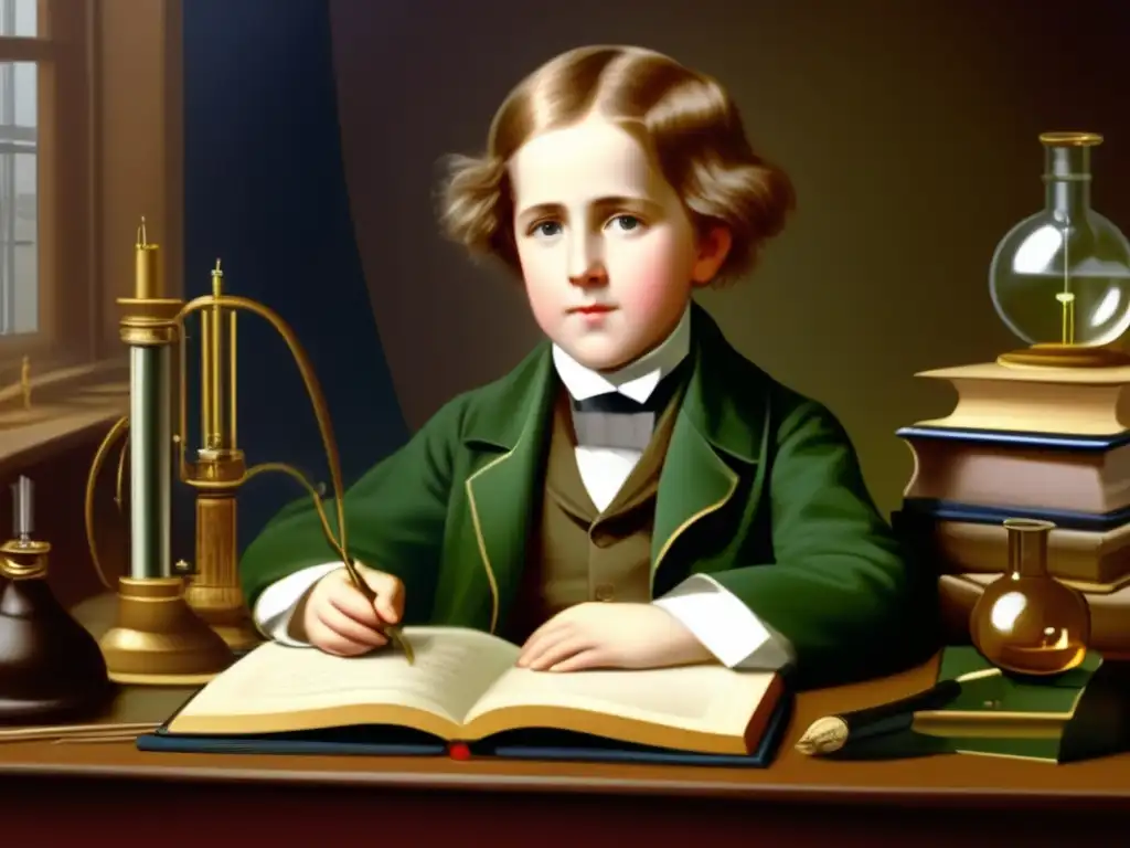 Un joven James Clerk Maxwell se concentra en un experimento, rodeado de libros y instrumentos científicos en su estudio
