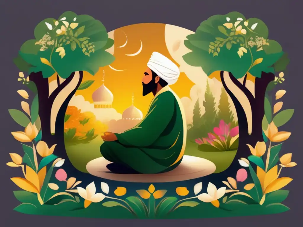Sereno Imam Ali en jardín vibrante Un joven Imam Ali medita en un exuberante jardín, bañado por luz dorada