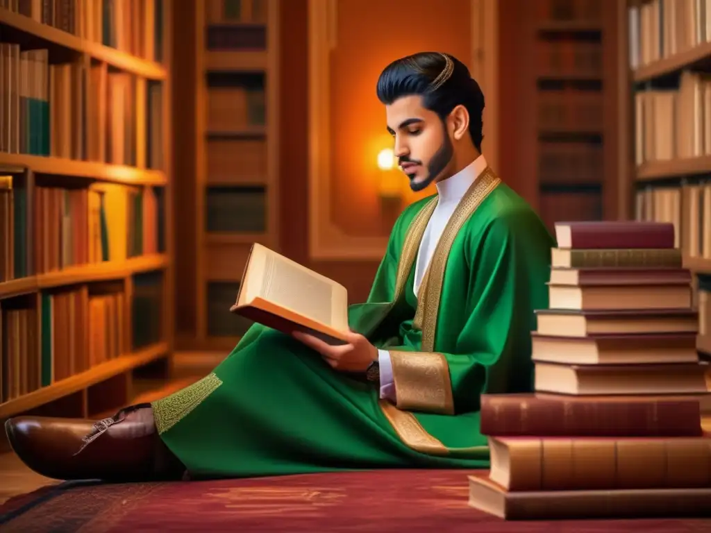 El joven Príncipe Faisal de Arabia Saudita lee en una biblioteca lujosa, reflejando su herencia y curiosidad intelectual