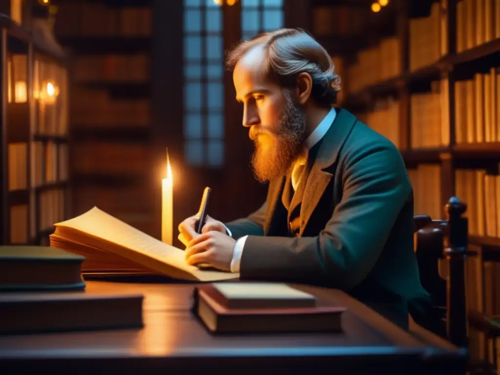 Un joven James Clerk Maxwell estudia con fervor en una habitación tenue, rodeado de libros y herramientas científicas
