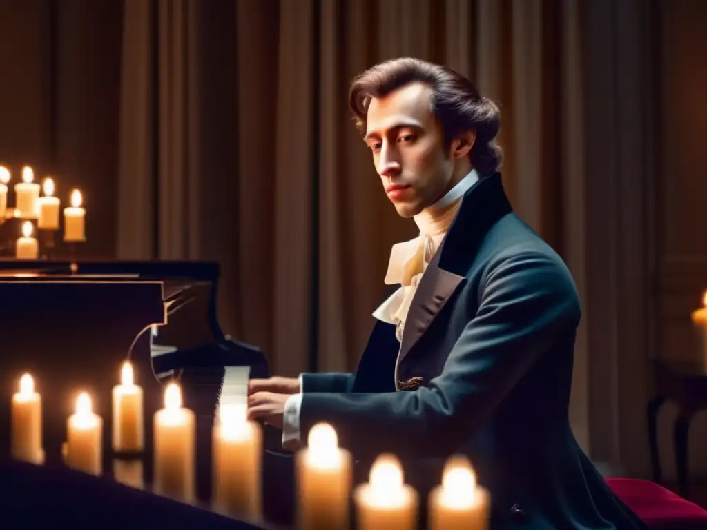Un joven Frédéric Chopin toca el piano en una habitación iluminada por velas, creando una atmósfera emotiva y apasionada