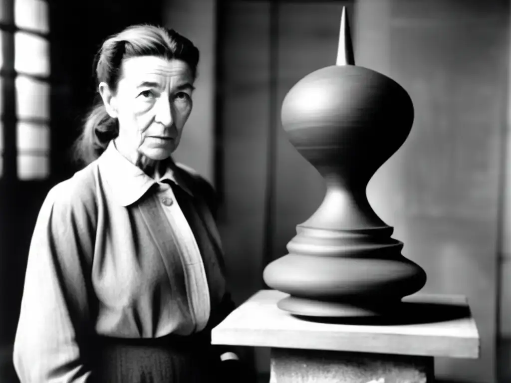 Una joven Louise Bourgeois frente a una escultura tempestuosa en su estudio