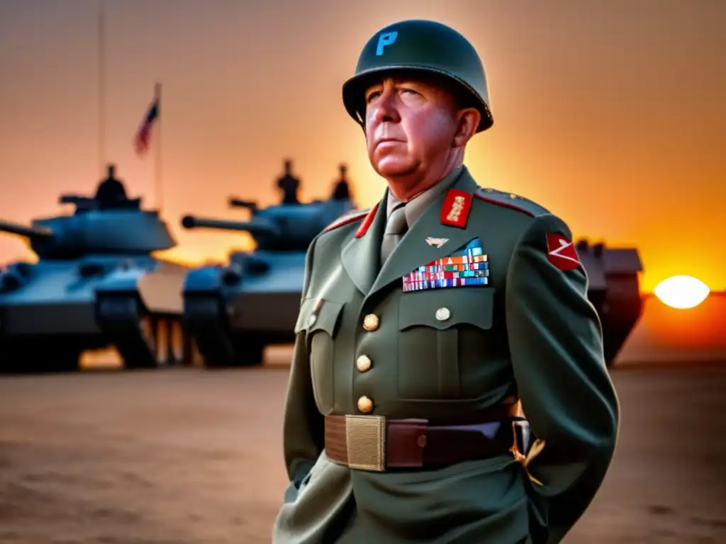 Un joven General Patton en su uniforme militar, orgulloso frente a los tanques al atardecer