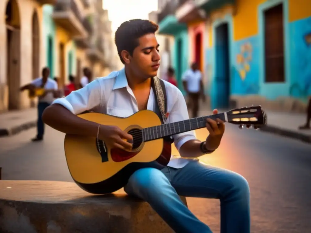 Un joven Silvio Rodríguez tocando la guitarra en una esquina de La Habana, con grafitis vibrantes y multitudes bulliciosas de fondo