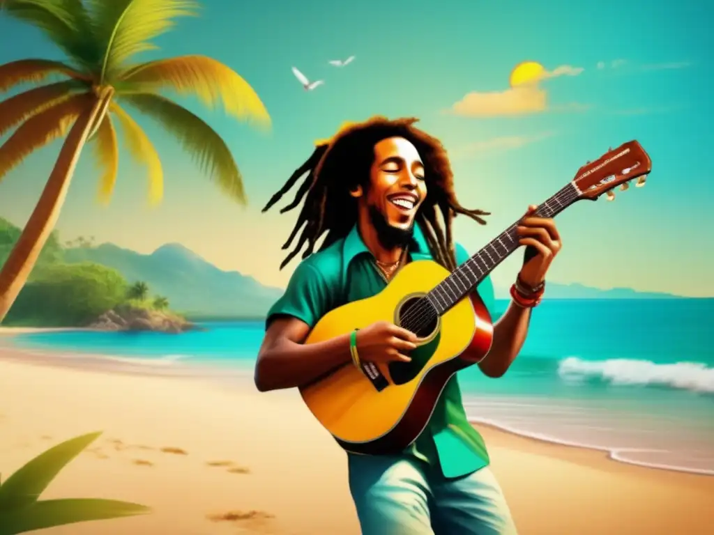 Un joven Bob Marley tocando la guitarra en una playa soleada de Jamaica, con el océano turquesa de fondo y palmeras meciéndose en la brisa