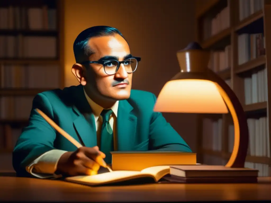 Un joven Oscar Romero estudia en una habitación tenue, rodeado de libros