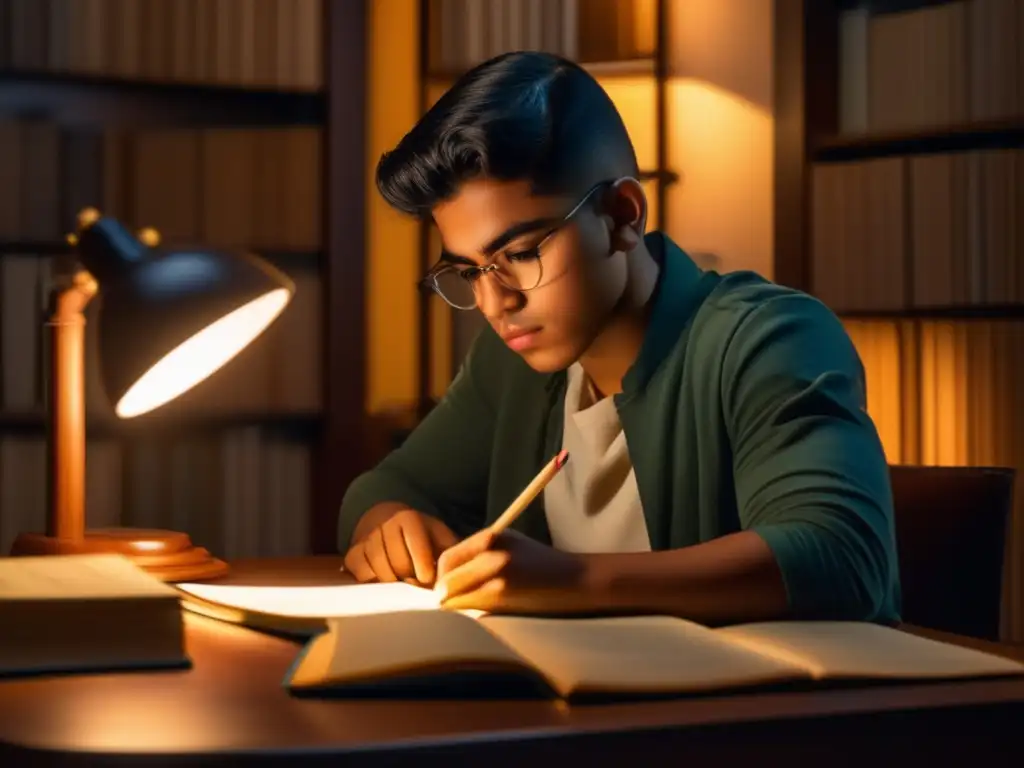 Un joven Lázaro Cárdenas estudia con determinación en una habitación tenue, rodeado de libros y papeles