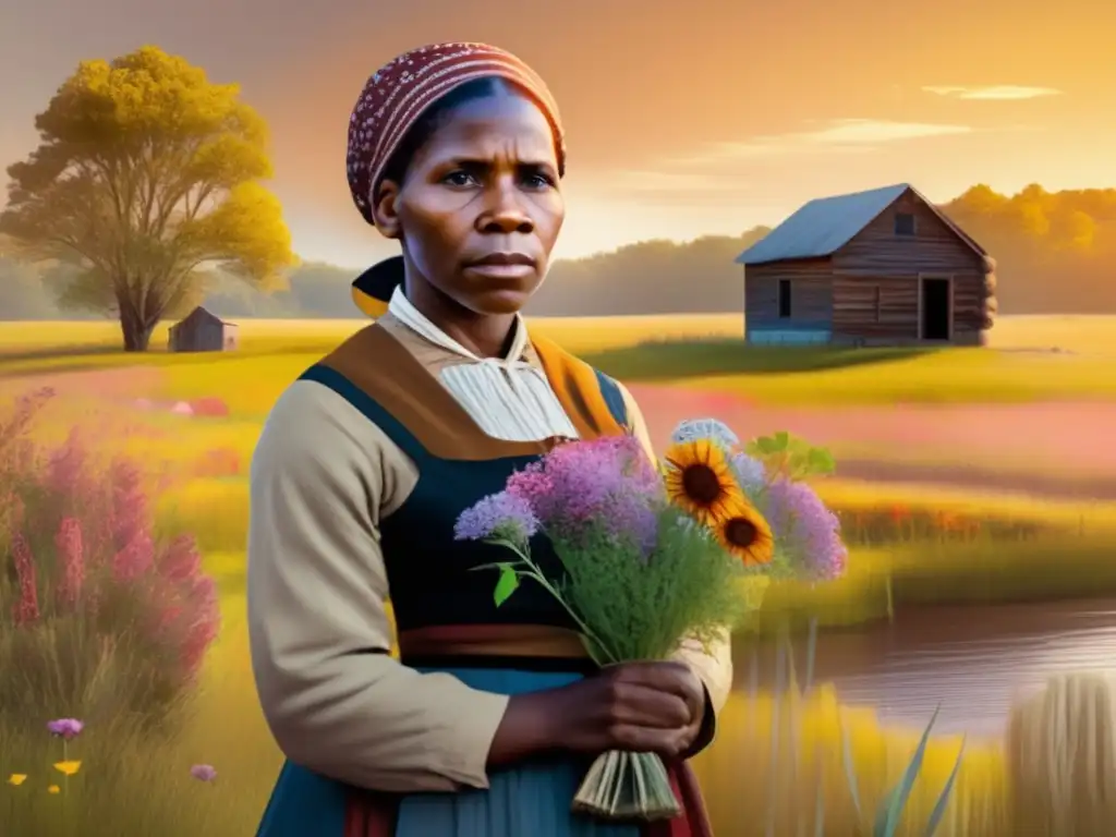 Una joven Harriet Tubman sostiene un ramo de flores silvestres, con la mirada fija en el horizonte