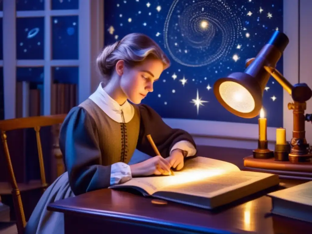 Una joven Henrietta Swan Leavitt estudia las estrellas con pasión en una atmósfera de estudio acogedora