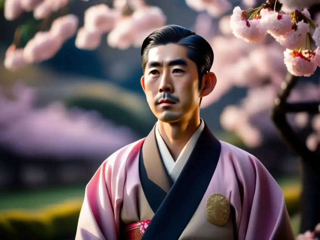 Un joven Hirohito, vestido con atuendo tradicional japonés, frente a un telón de fondo de cerezos en plena floración