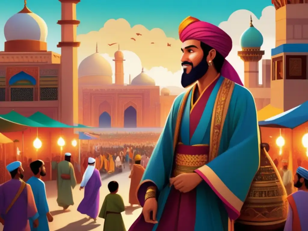 Un joven Ibn Battuta, lleno de curiosidad, inicia su primera travesía entre bulliciosos mercados y coloridos edificios