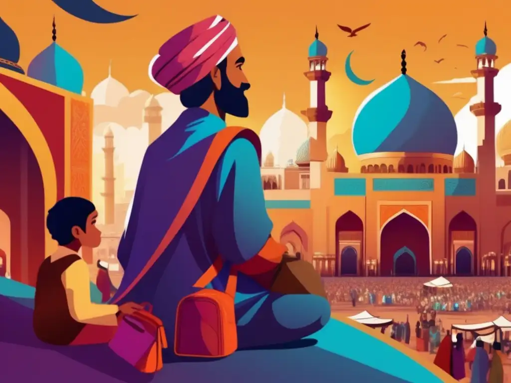 Un joven Ibn Battuta, lleno de curiosidad, se embarca en sus Viajes de Ibn Battuta en el mundo islámico, rodeado de escenas vibrantes y paisajes diversos