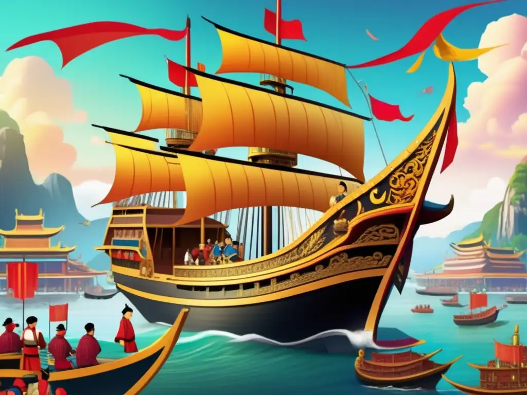 Un joven Zheng He en el imponente barco del tesoro, rodeado de actividad bulliciosa mientras los marineros se preparan para un viaje
