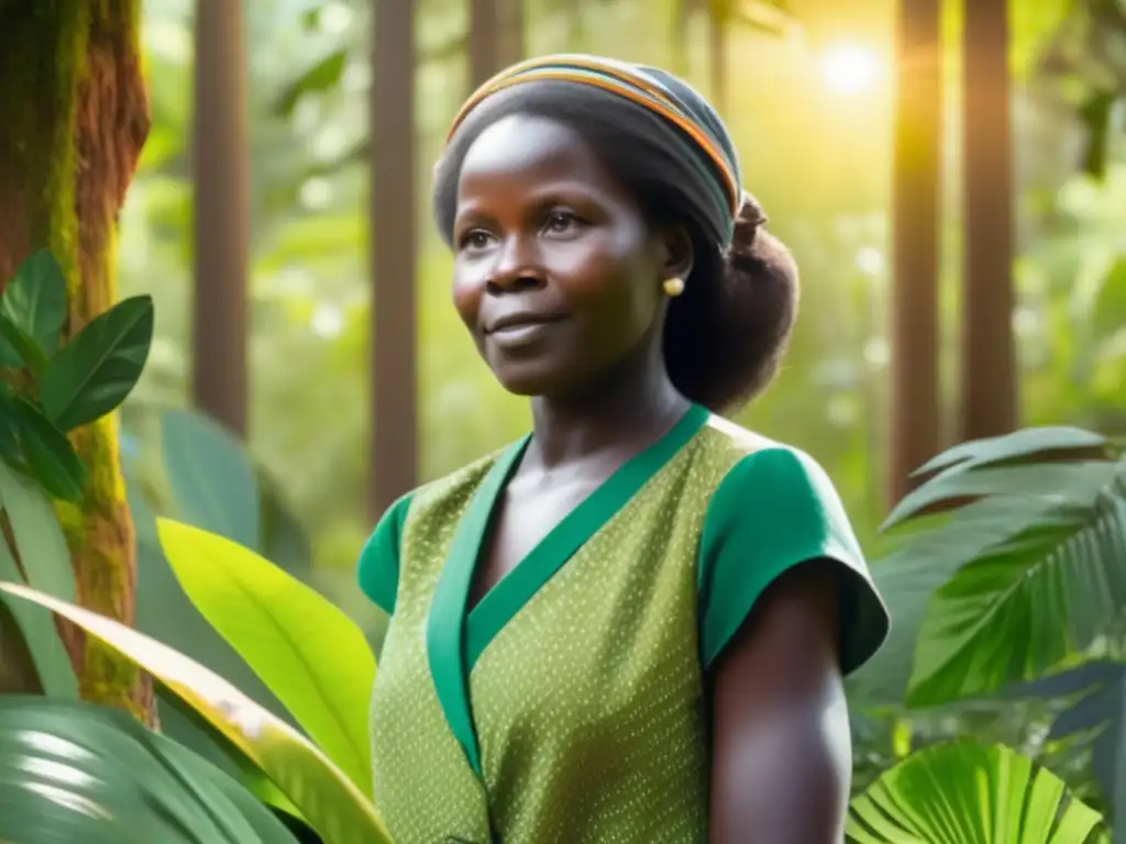 Una joven Wangari Maathai, inmersa en un exuberante bosque, muestra una mirada llena de asombro y determinación