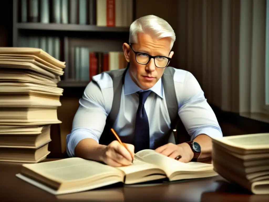Un joven Anderson Cooper inmerso en la lectura y tomando notas en un ambiente de concentración