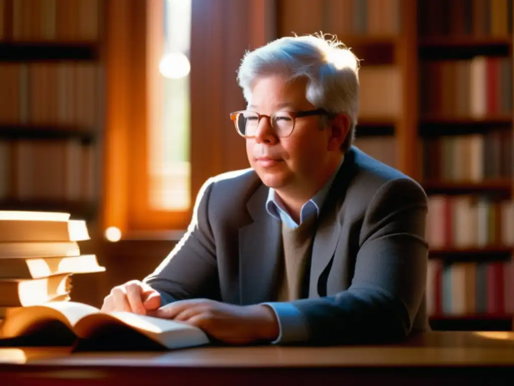 Un joven Richard Thaler inmerso en un libro en una cálida biblioteca, rodeado de libros