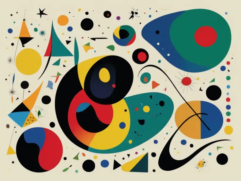 Un joven Joan Miró inmerso en su proceso creativo, rodeado de formas abstractas y coloridas, reflejando su pasión por el arte