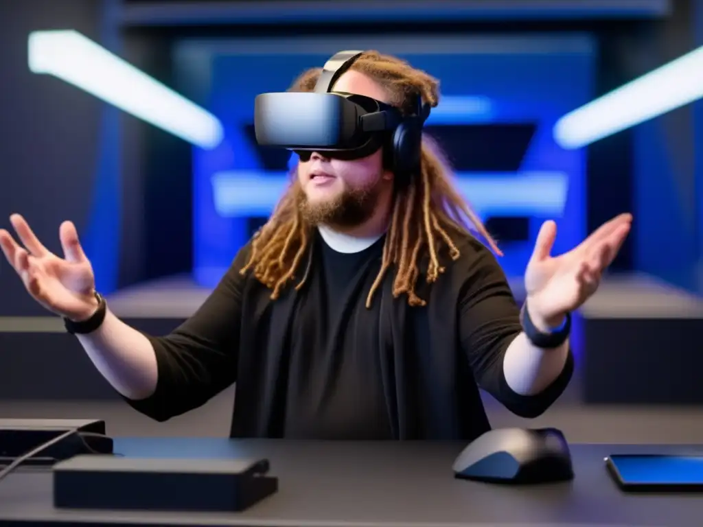 Un joven Jaron Lanier inmerso en la realidad virtual, con un prototipo de VR y gestos interactivos