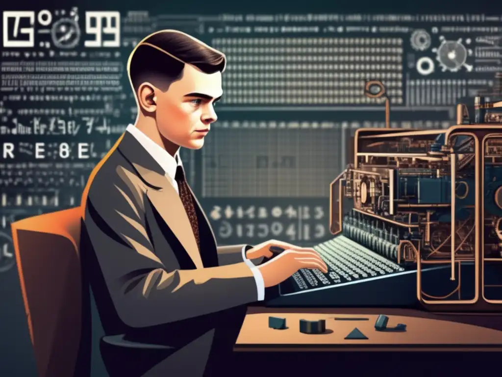 Un joven Alan Turing inmerso en su trabajo, rodeado de maquinaria y herramientas de descifrado