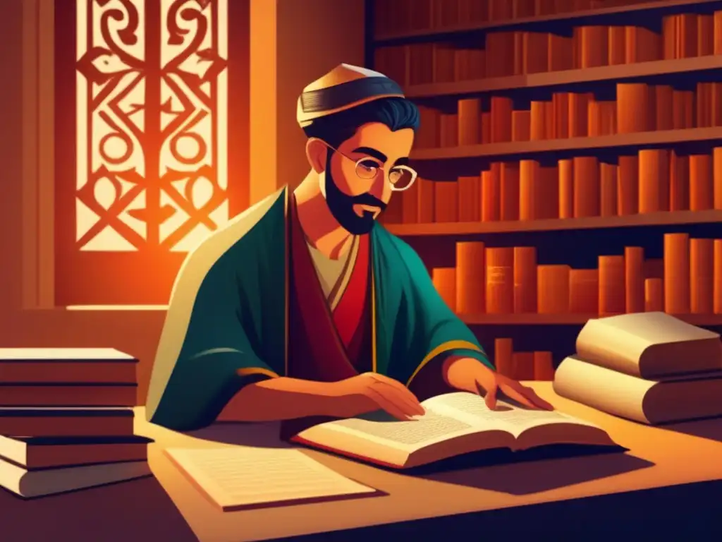 Estudio profundo de Maimónides: Ilustración digital vibrante- Un joven Moisés Maimónides estudia con intensidad rodeado de antiguos textos y pergaminos iluminados por una cálida luz