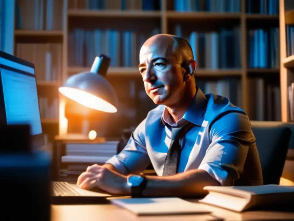 Un joven Jeff Bezos concentrado en su computadora en una oficina iluminada por el sol