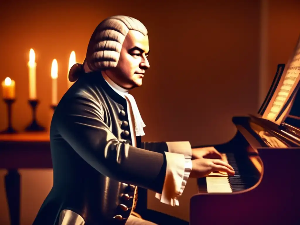Un joven Johann Sebastian Bach componiendo en el clavicordio en una habitación tenue iluminada por velas