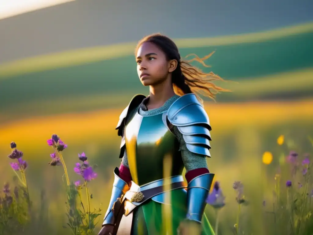 Una joven Juana de Arco lista para la batalla en un campo soleado, su mirada decidida refleja valentía y determinación