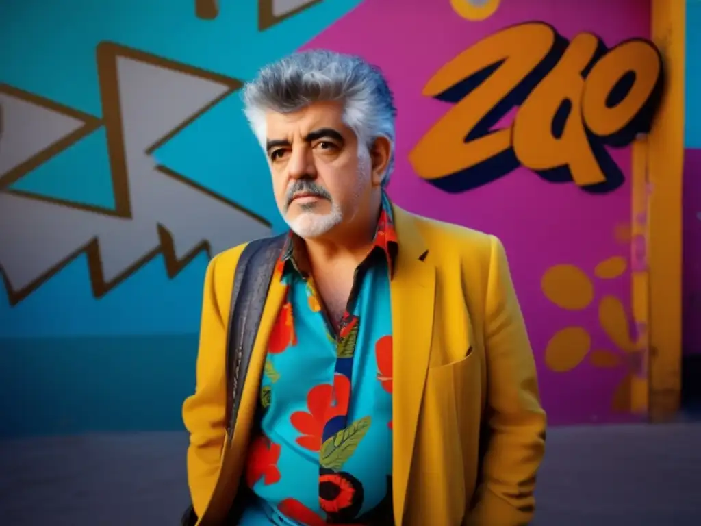 Un joven Pedro Almodóvar posa frente a un llamativo muro graffiteado en Madrid