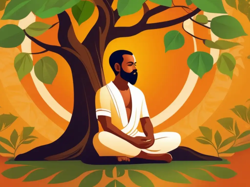 Un joven Sri Ramakrishna medita bajo un banyan tree, con luz filtrándose entre las hojas