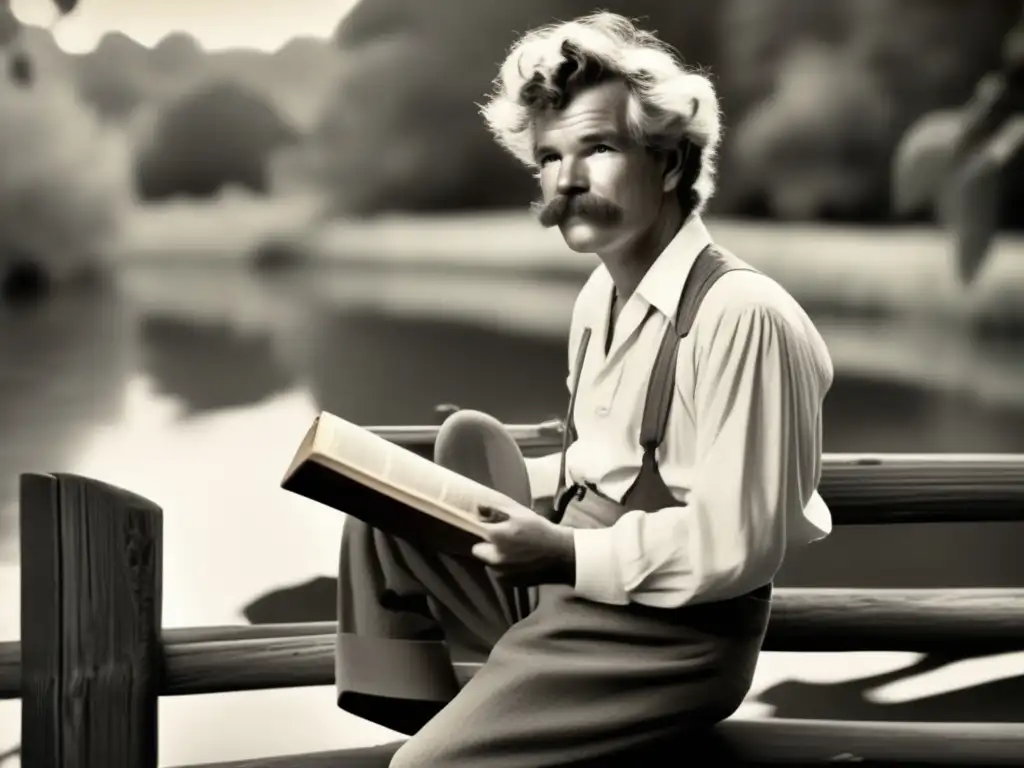 Un joven Mark Twain se sienta en una cerca de madera, con una mirada traviesa y un libro en la mano, evocando su naturaleza juguetona y curiosa