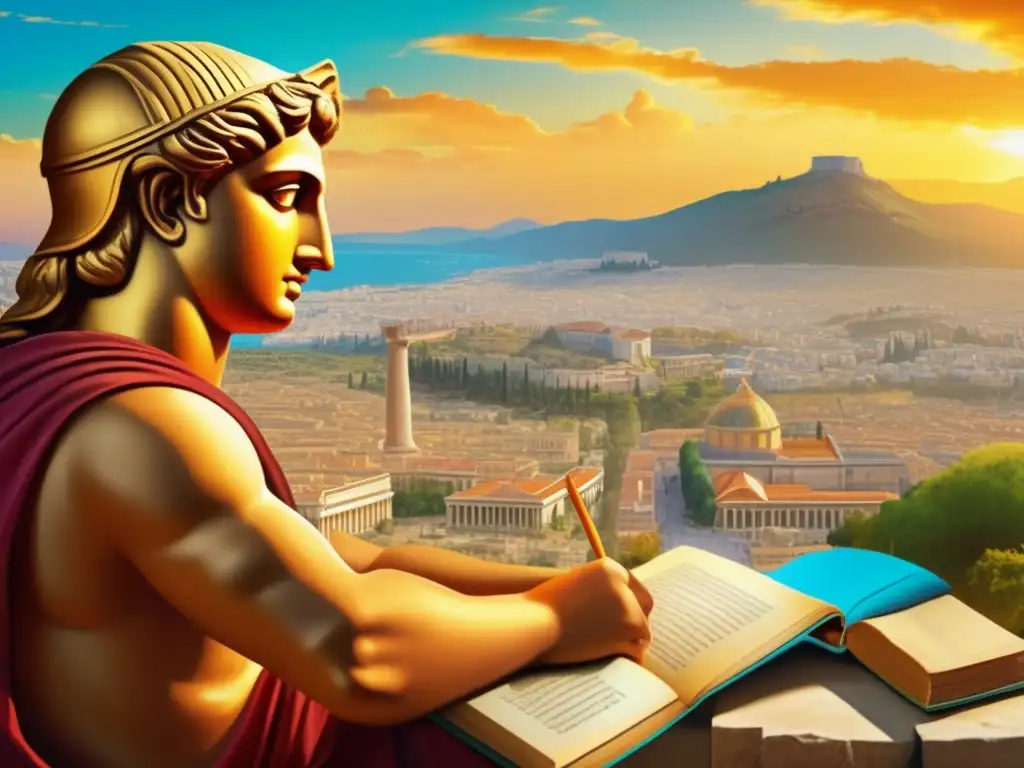 El joven Alejandro Magno estudia con Aristóteles en la antigua Atenas, destacando su biografía de Alejandro Magno conquistador