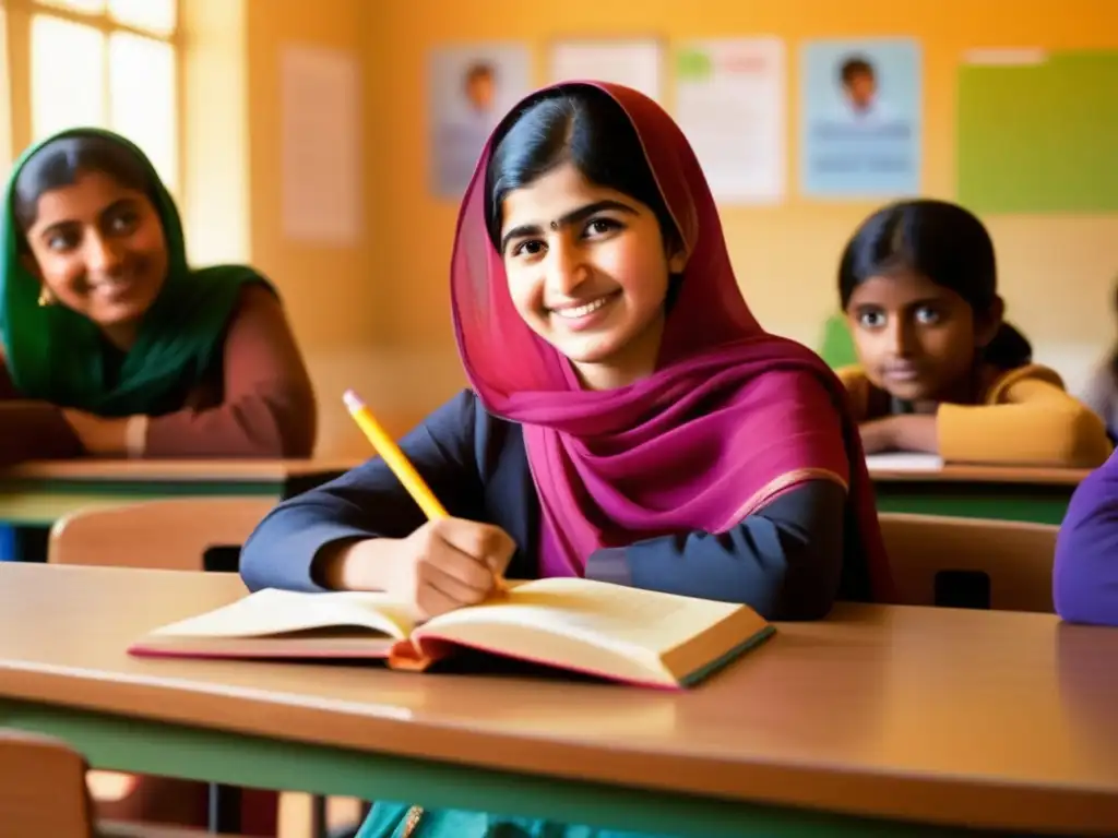 Una joven Malala Yousafzai levanta la mano en un aula soleada, llena de libros y carteles educativos
