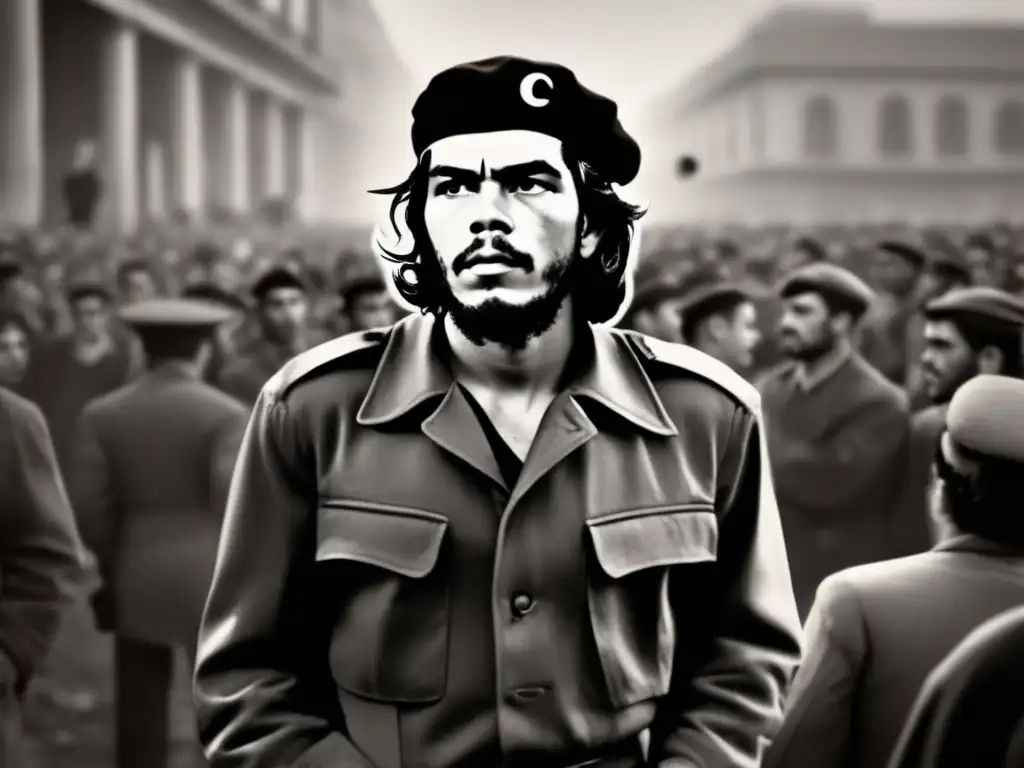 El joven Che Guevara con su mirada determinada y su icónico boina, simboliza la influencia de Che Guevara en la revolución