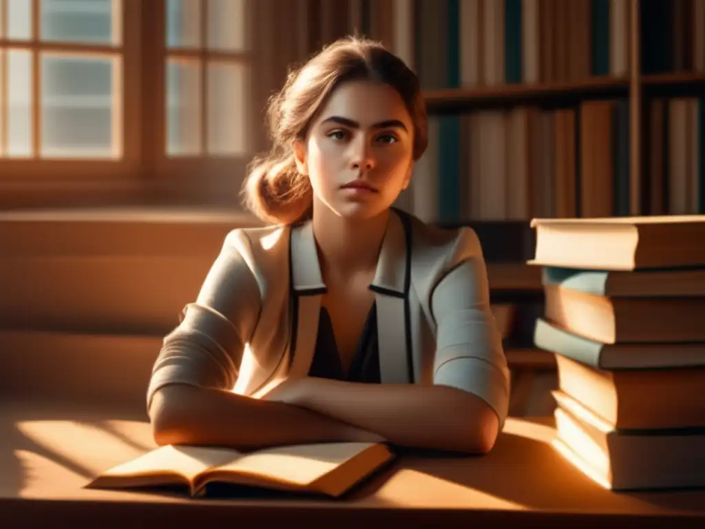 Una joven Sofía Kovalevskaya se sumerge en una montaña de libros, con expresión decidida, en una habitación iluminada por el sol