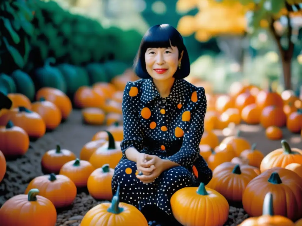 Una joven Yayoi Kusama se sienta entre una multitud de brillantes calabazas de lunares en el vivero familiar