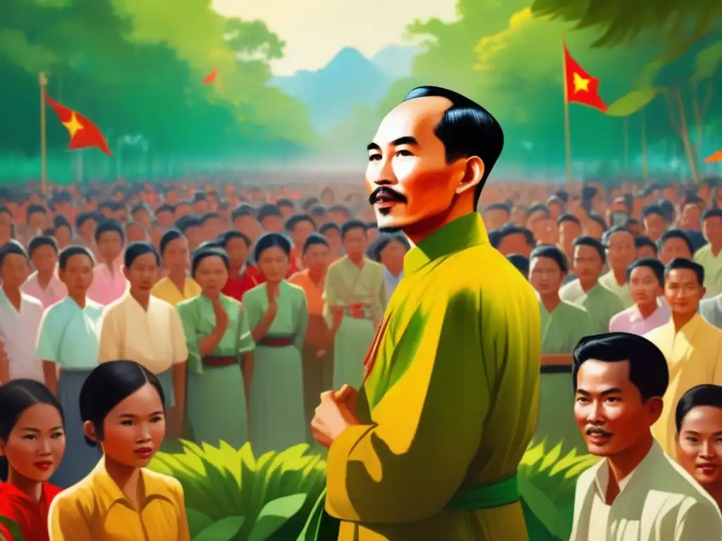 Un joven Ho Chi Minh inspira a una multitud en el campo vietnamita, irradiando determinación y esperanza en su discurso