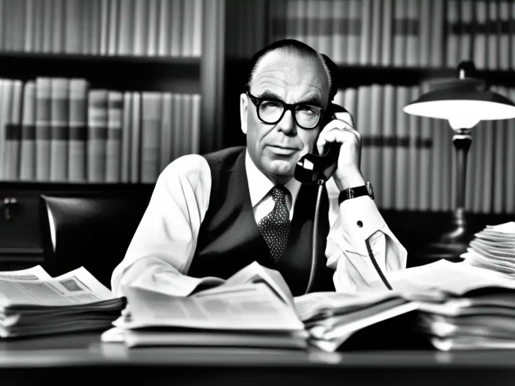 Un joven Rupert Murdoch rodeado de periódicos, hablando por teléfono con determinación
